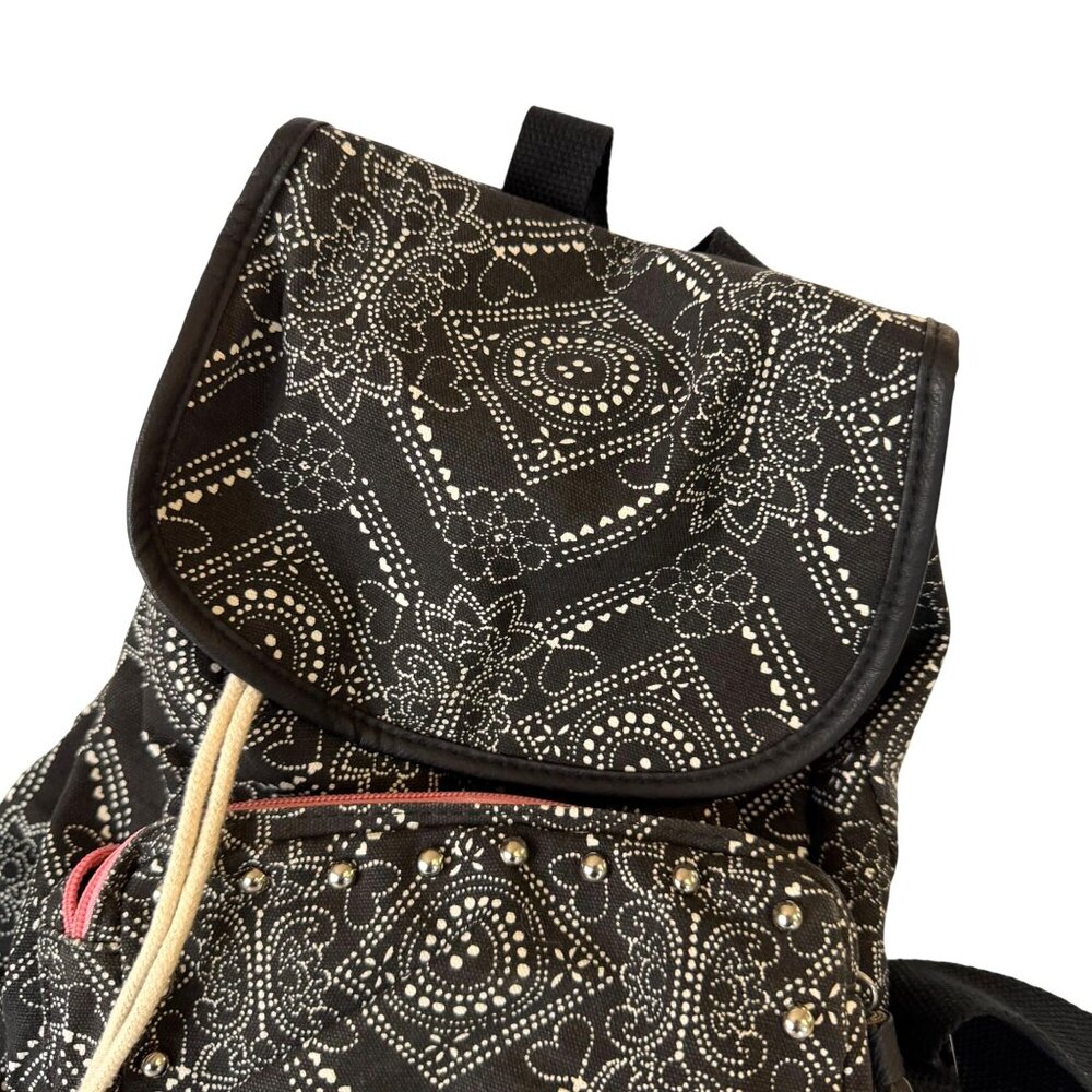 Candie's Canvas Drawstring Backpack Black Floral Dotted Purse Studded Accent - Picture 3 of 7